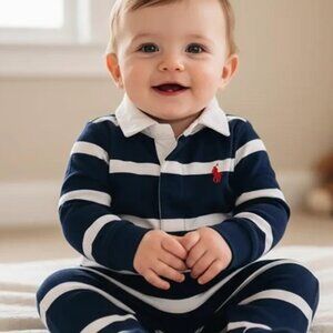 Ralph Lauren Navy White Long-Sleeve Rugby Jumpsuit size 6 Months